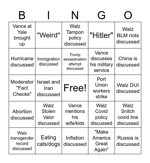 VP Debate 2024 Bingo Card