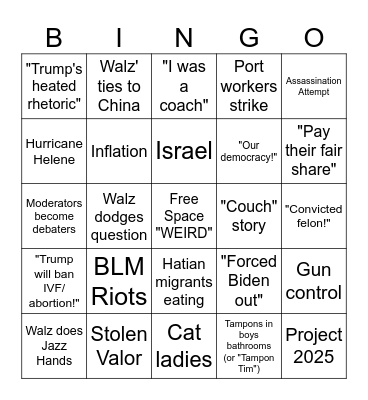 VP Debate Bingo Card