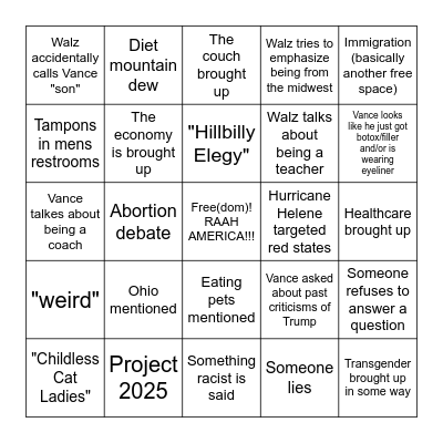 VP Debate Bingo Card