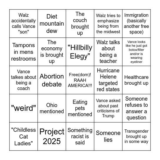 VP Debate Bingo Card