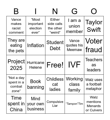 Vice Presidential Debate Bingo Card