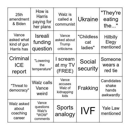 VP Debate Bingo Card