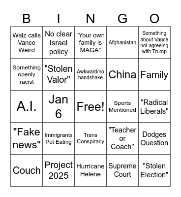 Vice Presidential Debate Bingo Card