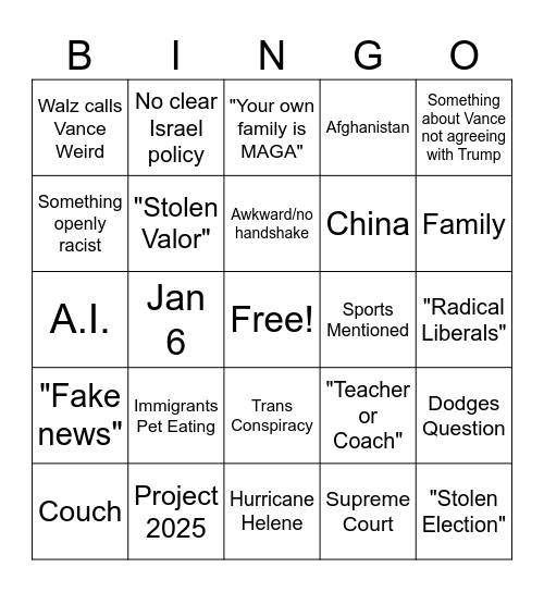 Vice Presidential Debate Bingo Card