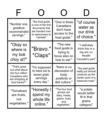 Canada's New Food Guide Bingo Card