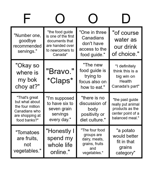 Canada's New Food Guide Bingo Card