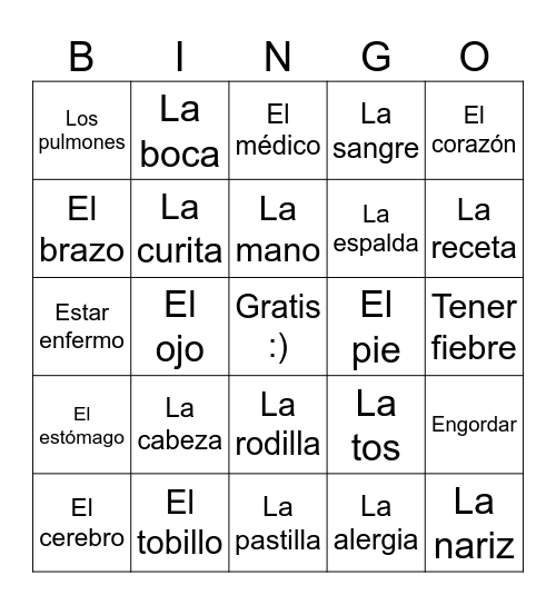 Vocabulario Unidad 9 Bingo Card