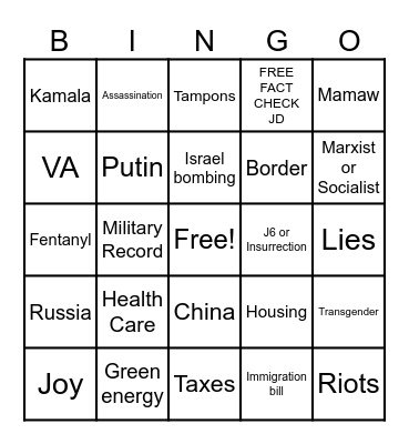 JD VANCE / Tim Walz Debate Bingo Card
