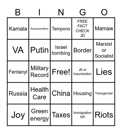 JD VANCE / Tim Walz Debate Bingo Card