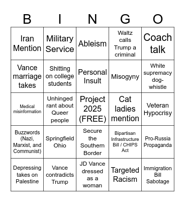 VP Debate Bingo Card