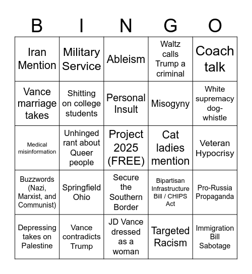 VP Debate Bingo Card