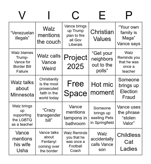 Vance Vs. Walz Bingo Card