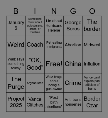 VP Debate Bingo Card