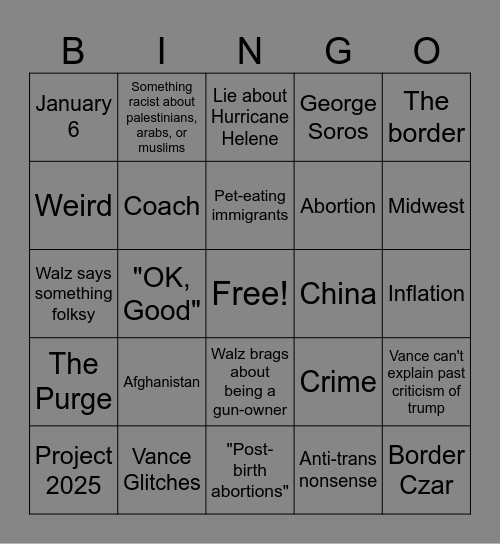 VP Debate Bingo Card