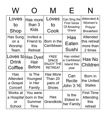 FCC & RHEMA 2016 WOMEN'S RETREAT Bingo Card