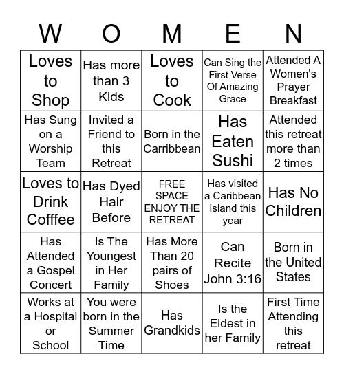 FCC & RHEMA 2016 WOMEN'S RETREAT Bingo Card