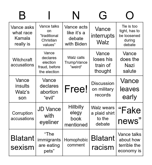 VP Debate Bingo Card