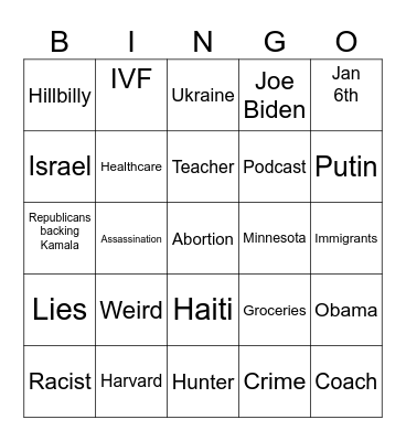 VP Debate Bingo Card