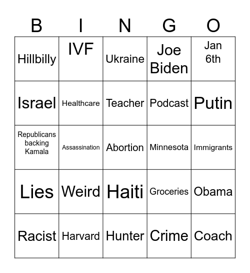 VP Debate Bingo Card