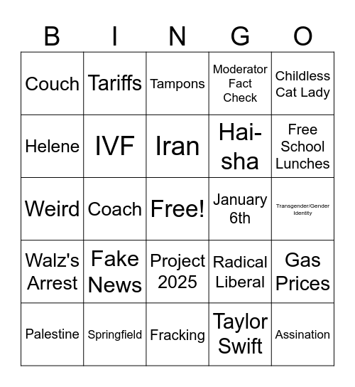 VP Debate Bingo Card