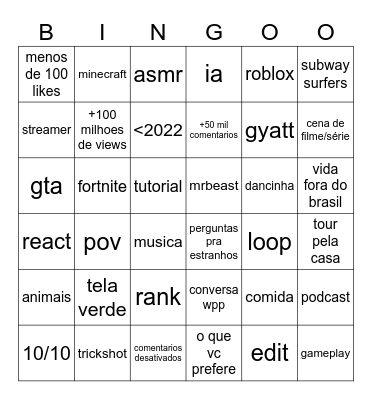 shorts Bingo Card