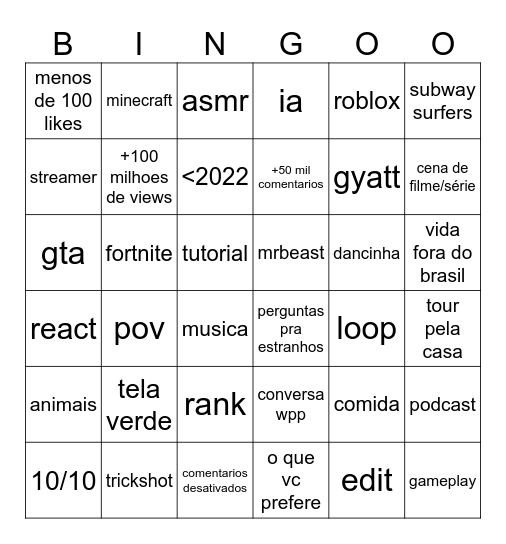 shorts Bingo Card