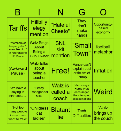 Vice President Debate Bingo Card