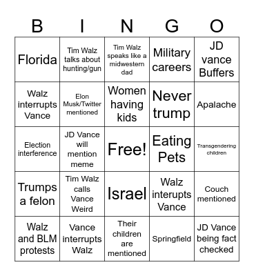 VP Debate Bingo Card