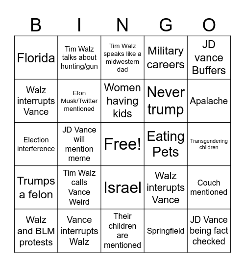 VP Debate Bingo Card