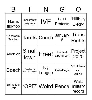 Veep Debate Bingo Card