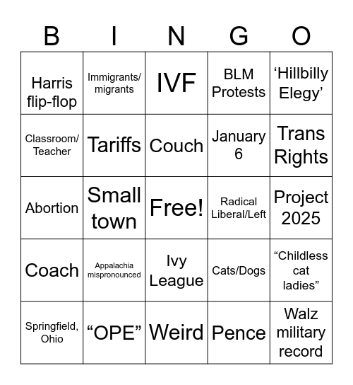 Veep Debate Bingo Card