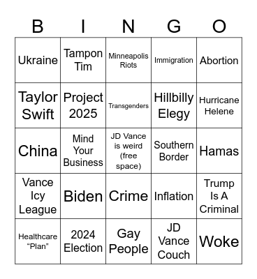 Vice Presidential Debate Bingo Card
