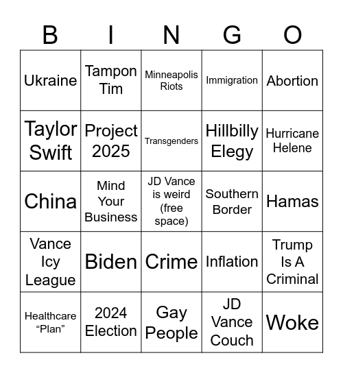 Vice Presidential Debate Bingo Card