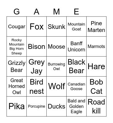 Alberta Animals Bingo Card