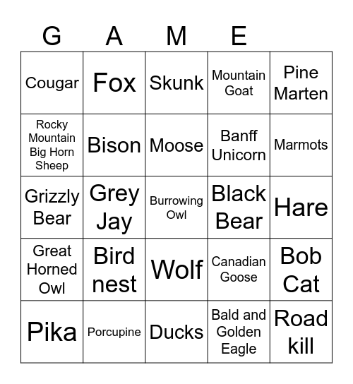 Alberta Animals Bingo Card