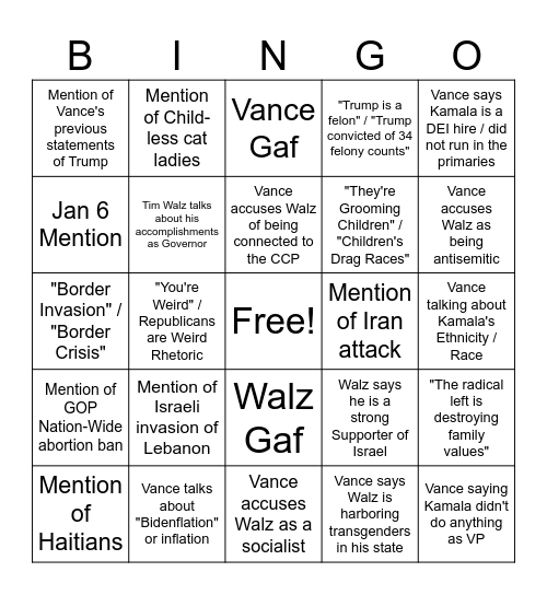 2024 VP Debate Bingo Card