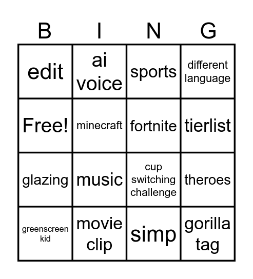 yt shorts bingo Card