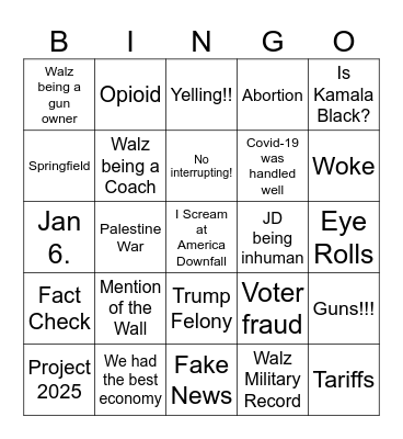 VP Debate Bingo Card