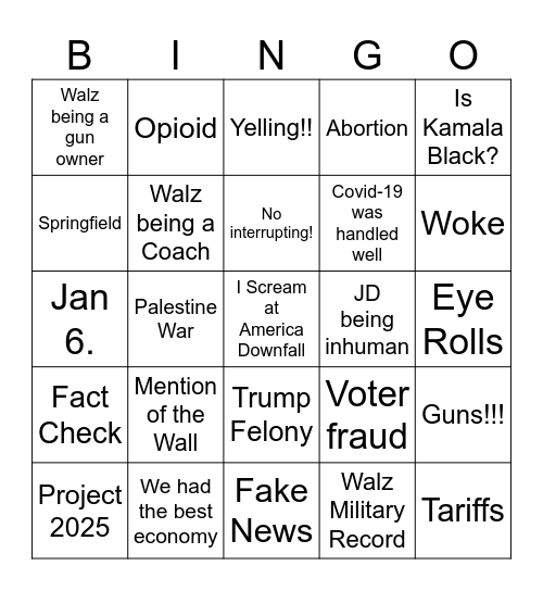 VP Debate Bingo Card