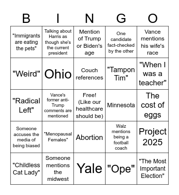 2024 VP Debate Bingo Card