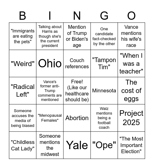 2024 VP Debate Bingo Card