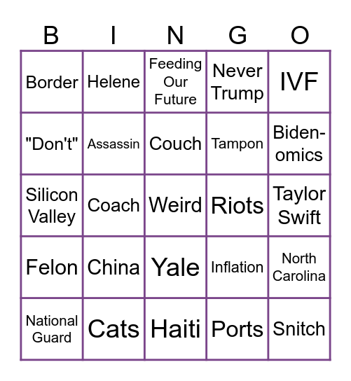 VP Debate 2024 Bingo Card