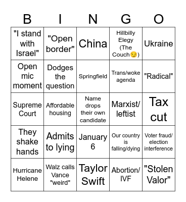 2024 Walz-Vance debate Bingo Card