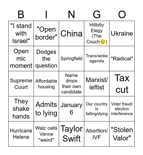2024 Walz-Vance debate Bingo Card