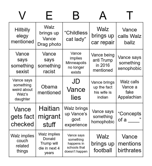 The Vice Debat Bingo Card