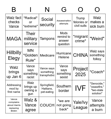 VP debate Bingo Card
