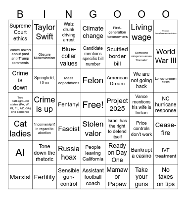 Vice Presidental Debate Bingo Card