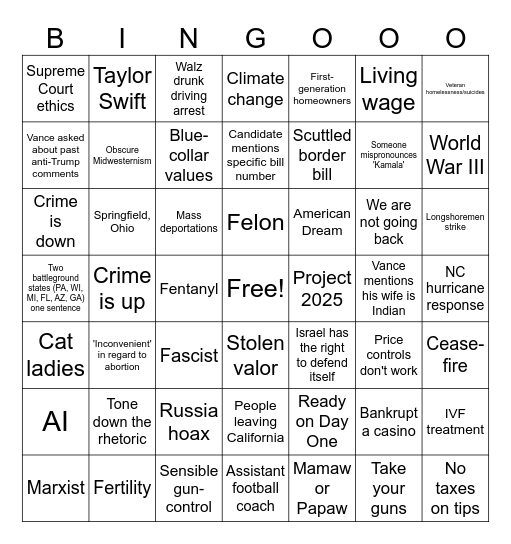 Vice Presidental Debate Bingo Card