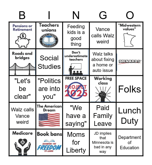 Walz vs Vance VP Debate Bingo Card