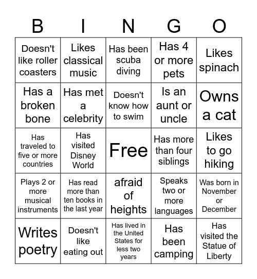 You and Me Bingo Card